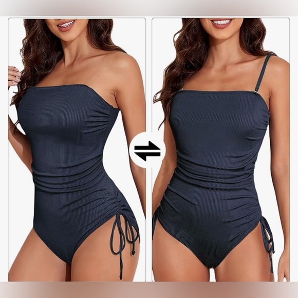 Ribbed Tummy Control Swimsuit Cheeky Tie Side High Cut Bathing Suit Swimwear - Picture 1 of 5